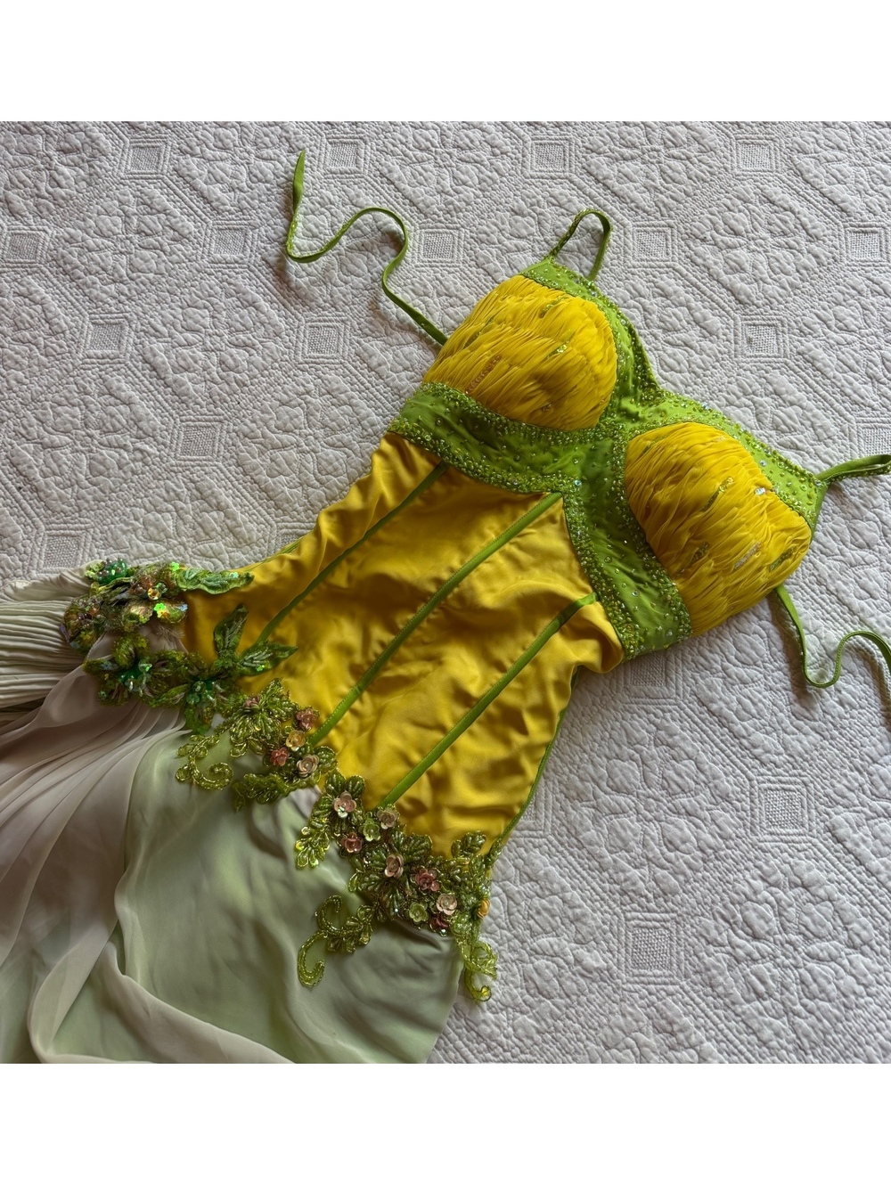 RARE Vintage Hand Beaded Y2K 2000s style Green and Yellow fairy style dress